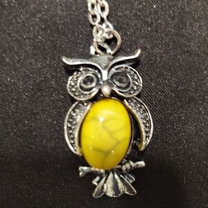 Betsey Johnson Silver Owl Pendant Necklace with Yellow Gem